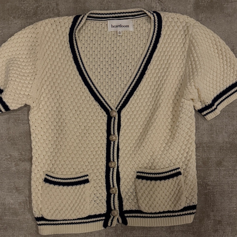 Heartloom Cream Knit Cardigan with Navy Trim and Gold Buttons